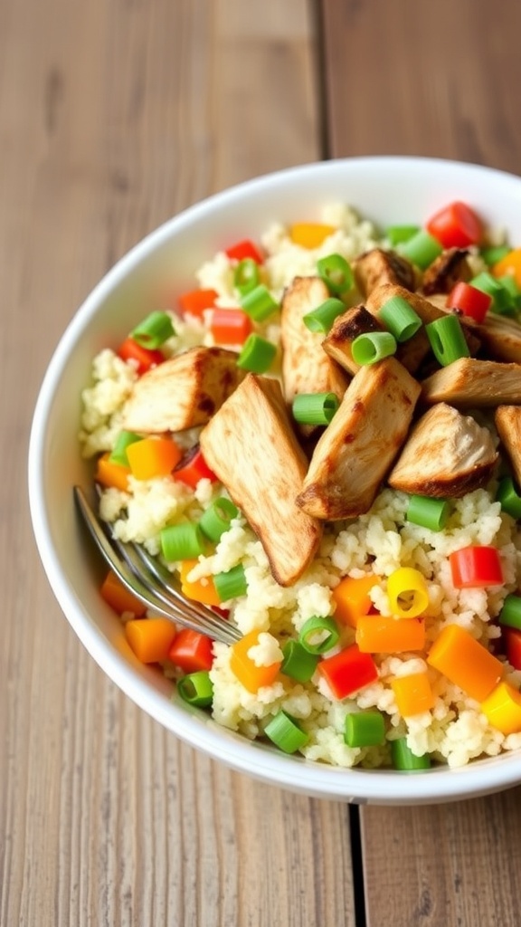 A healthy cauliflower rice bowl with vegetables and grilled chicken, garnished with green onions on a wooden table.